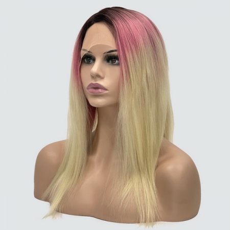Парик с сеткой Lyryca Lace термоволосы: цвет 613SPC28-4 блондин с переходом от темных корней к розовому