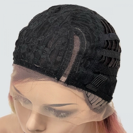 Парик с сеткой Lyryca Lace термоволосы: цвет 613SPC28-4 блондин с переходом от темных корней к розовому